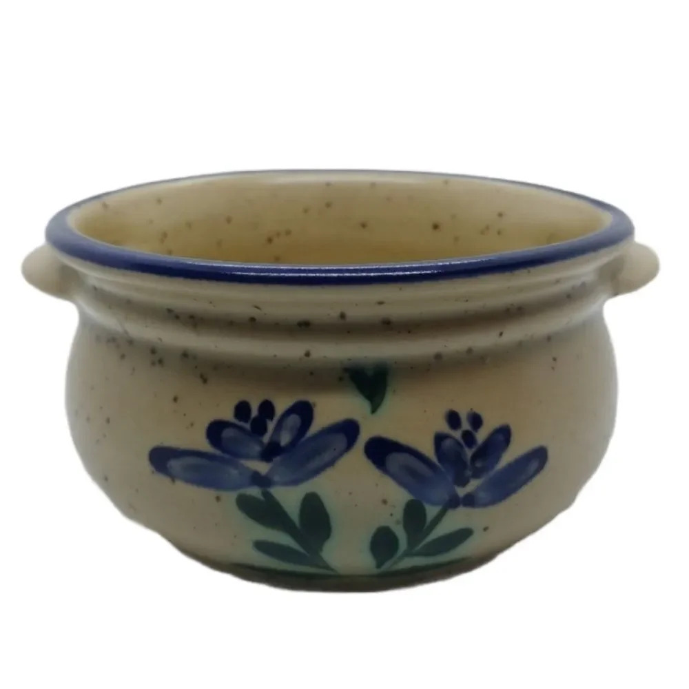 Stoneware Bowl with Handles, Blue Rim &  Flowers